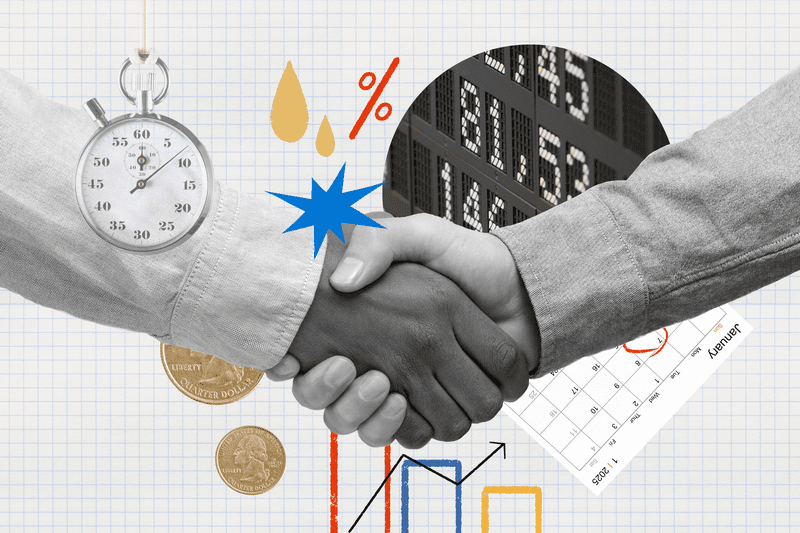 Photo and illustration composite of two people shaking hands, indicating a trading deal has been confirmed. 