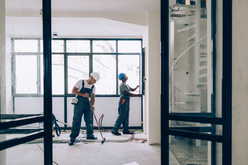 Construction workers work on a home.