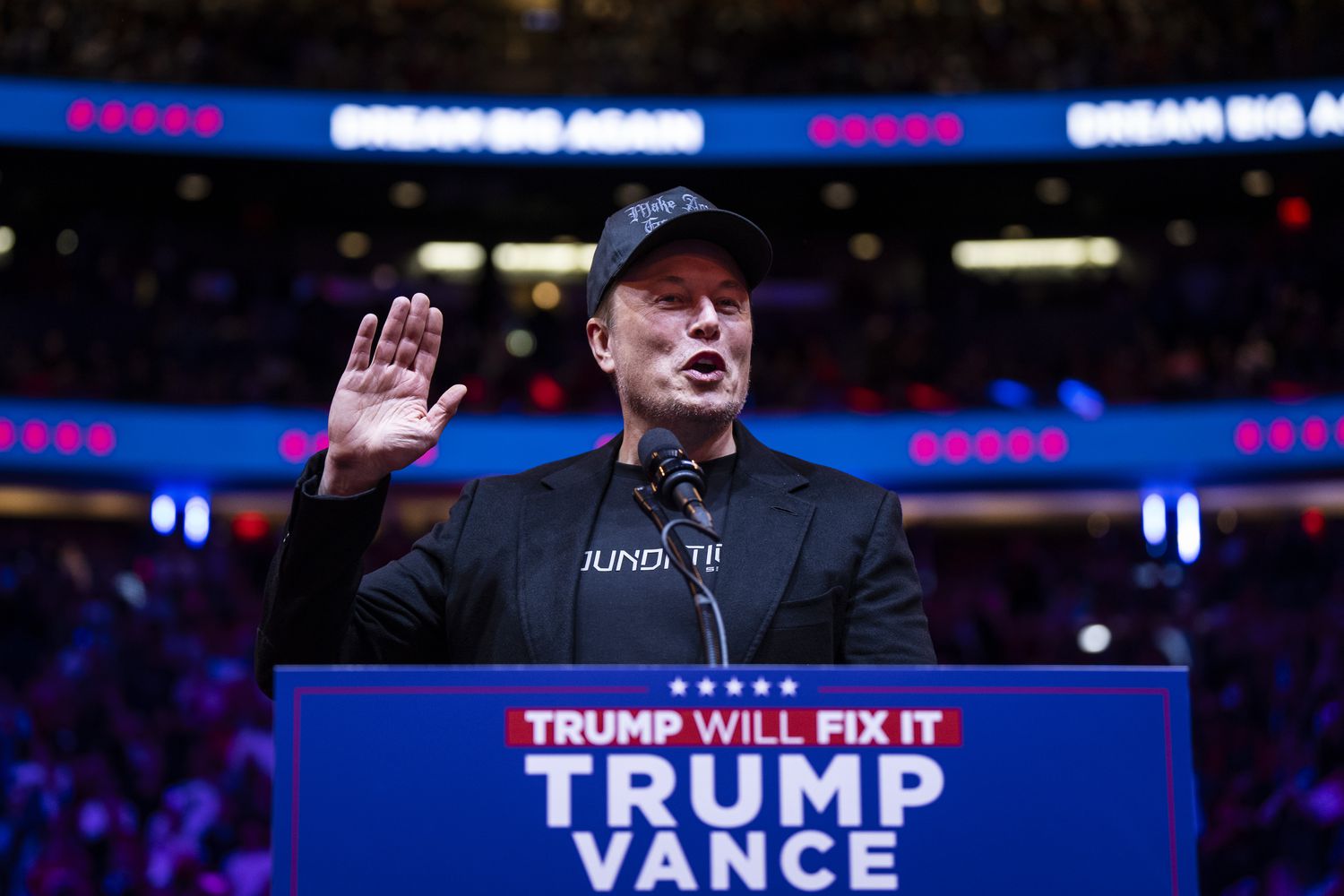 Elon Musk speaks before Republican presidential nominee former President Donald Trump at a campaign rally at Madison Square Garden in New York, NY on Sunday, Oct. 27, 2024. 