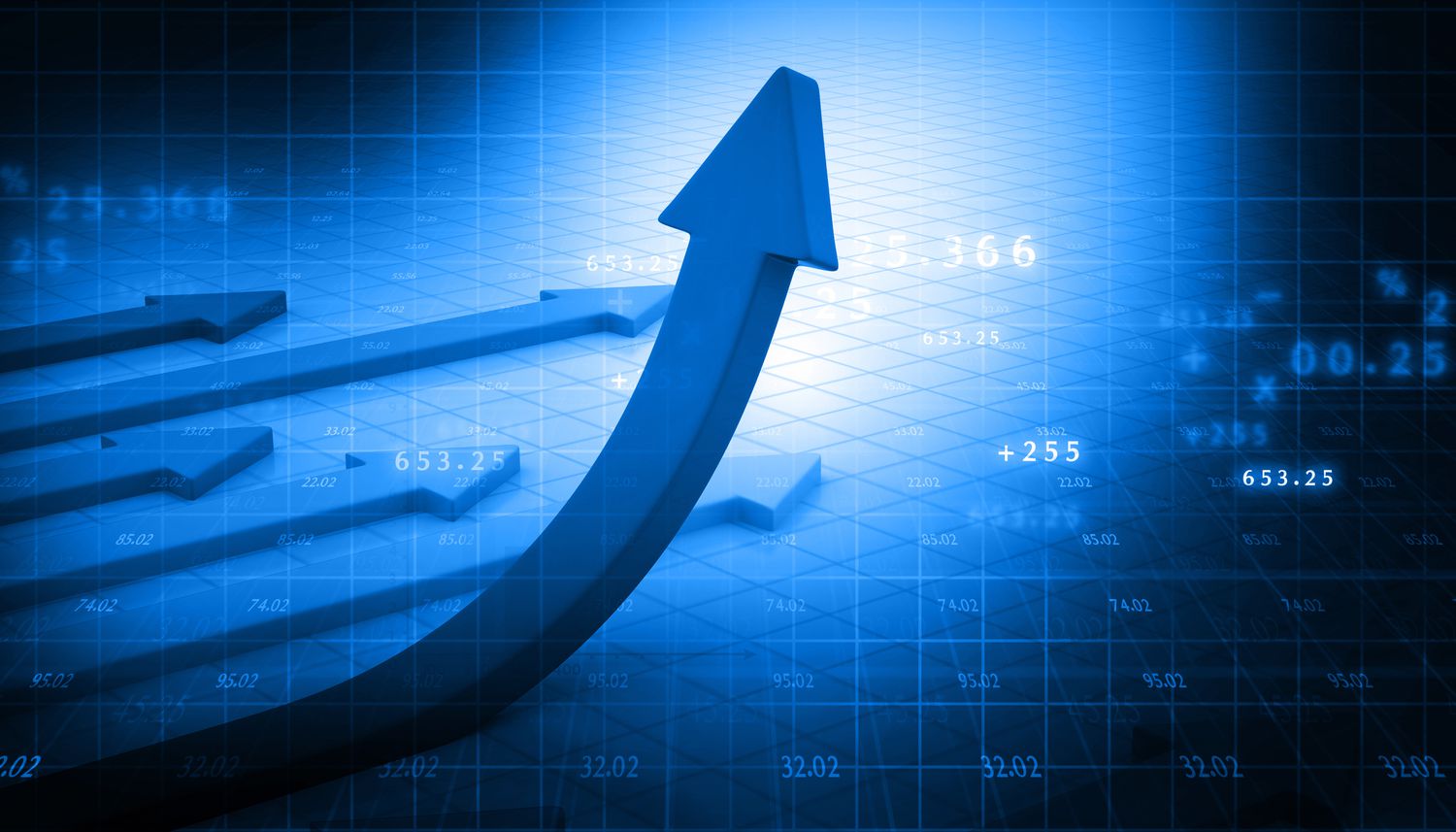 Business arrow graph on abstract blue background.