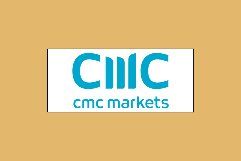 Image shows CMC Markets' logo in a white box against a mustard-colored background.