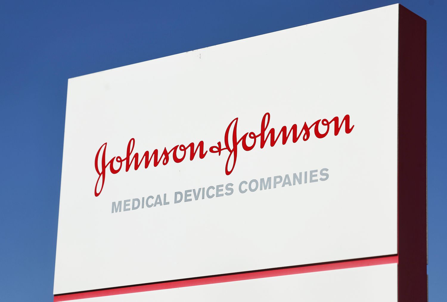 A white sign reads Johnson & Johnson Medical Devices Companies.