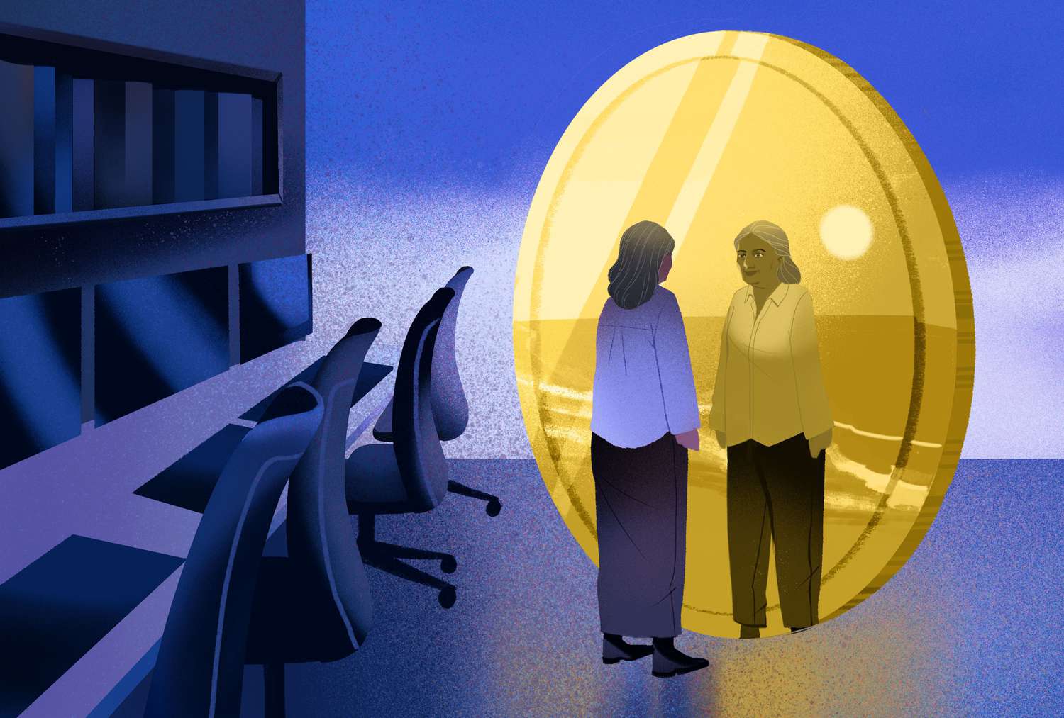 A woman looks into her reflection in a coin and sees her retired self on a beach in this illustration about pensions.