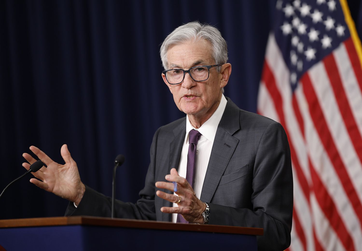Federal Reserve Chairman Jerome Powell delivers remarks at a news conference following a Federal Open Market Committee (FOMC) meeting at the Federal Reserve on March 19, 2025 in Washington, DC.
