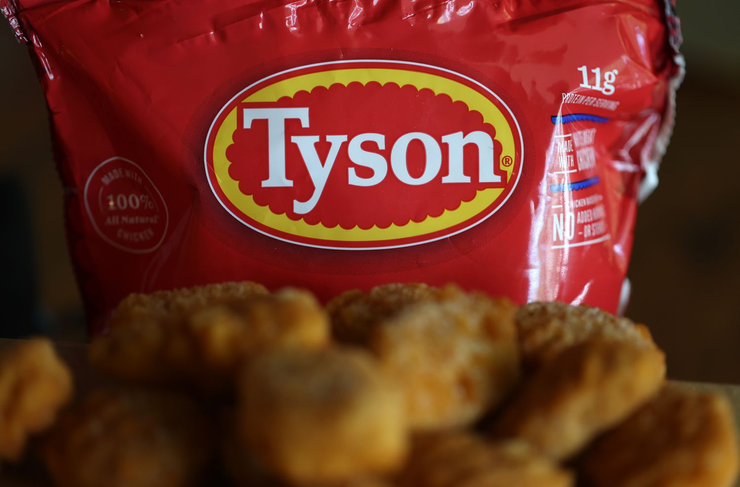 Tyson logo is displayed on a bag of frozen chicken nuggets