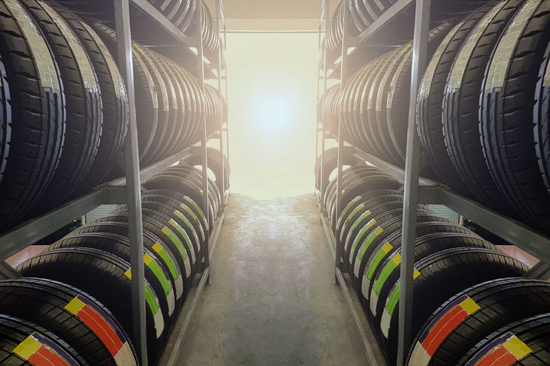 Tire rubber products , Group of new tires for sale at a tire store.