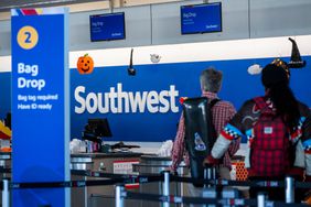 People stand in line at a Southwest Airlines counter.