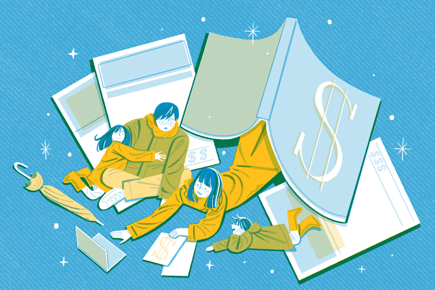 Illustration of a family looking at their bills. Yellow and blue colors.
