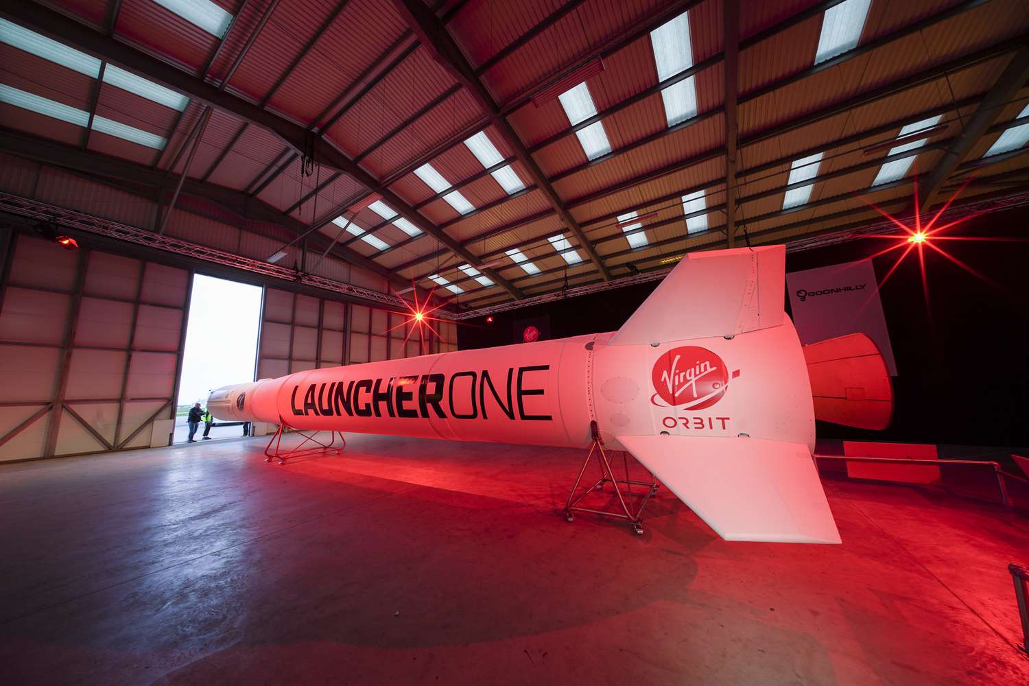 The Virgin Orbit Launcher One rocket in its hanger at Newquay Airport.