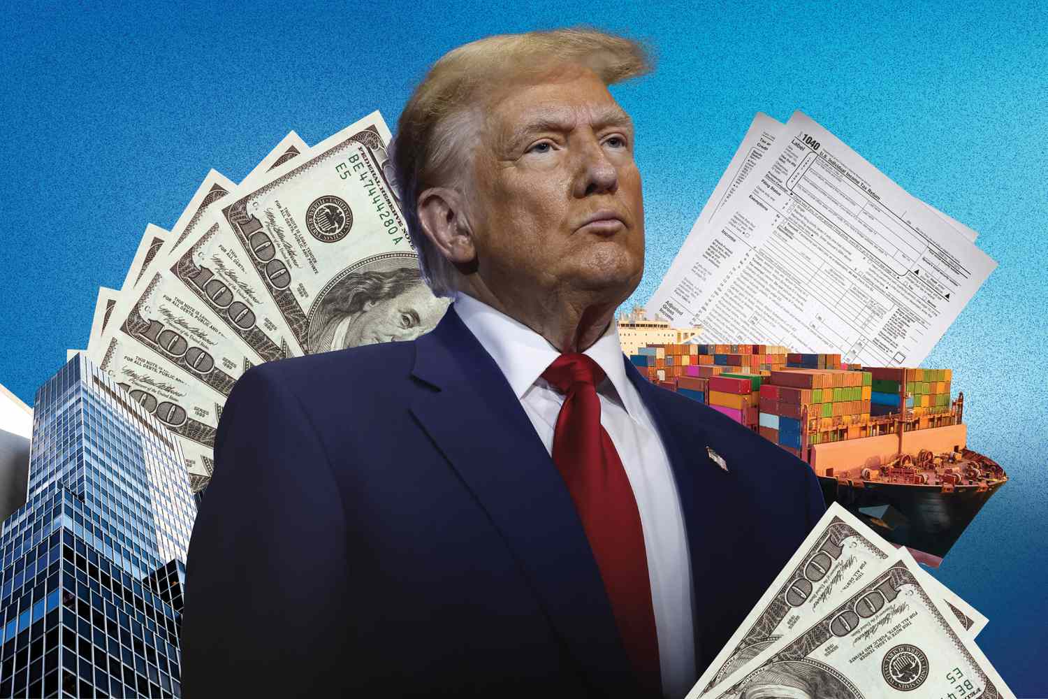 A photo illustration shows Donald Trump surrounded by money, tax documents, a shipping boat and an office building.