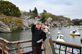 Two people taking a selfie on a bridge with cherry blossoms and paddle boats in the background
