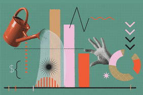 Abstract representation of data analysis with illustrations of graphs, a watering can, and a hand interacting with chart elements