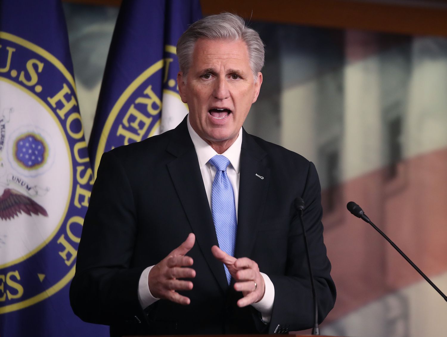 House Minority Leader Kevin McCarthy (R-CA) speaks during his weekly news conference at the U.S. Capitol on February 27, 2020 in Washington, DC. The White House earlier this week put forward a $2.5 billion request for emergency funding to fight the coronavirus to which McCarthy responded, "I think $2 billion is a little low, I think we're probably looking at $4 billion in this process, having spoken to Democrat House members from Appropriations."