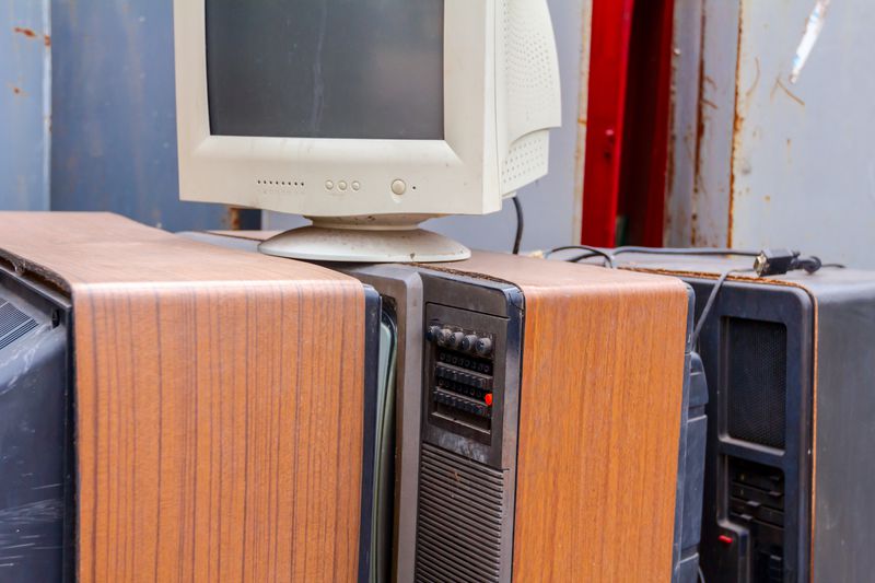 Piled up several retro, old vintage TV and one PC display, they are ready for recycling.