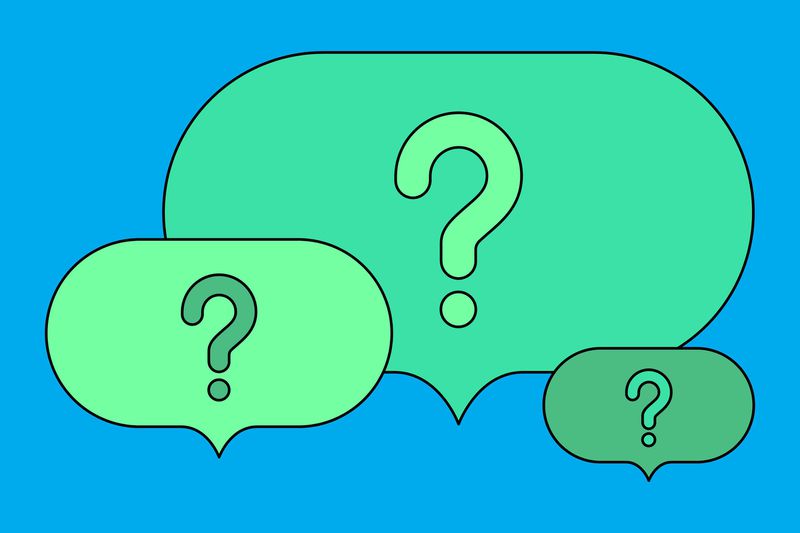Illustration of lime green question mark bubbles.