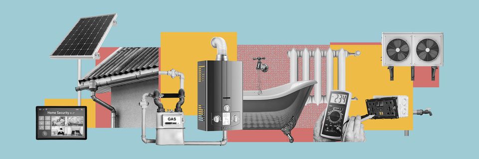 Collage of different home improvement related items against a blue backdrop.