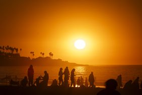 A group of people are seen on a beach below an orange sunset, with the ocean and trees in the background.