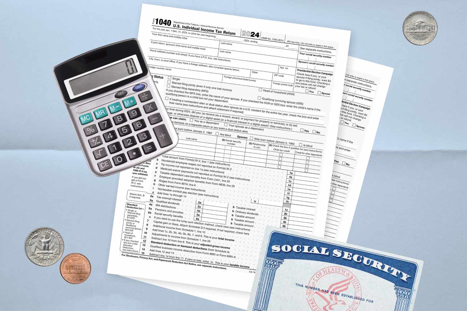 A 1040 tax form, a social security card and a calculator are shown in this photo illustration.
