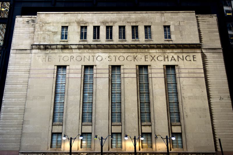 A front nighttime view of the Toronto Stock Exchange building in Toronto, Ontario, Canda.