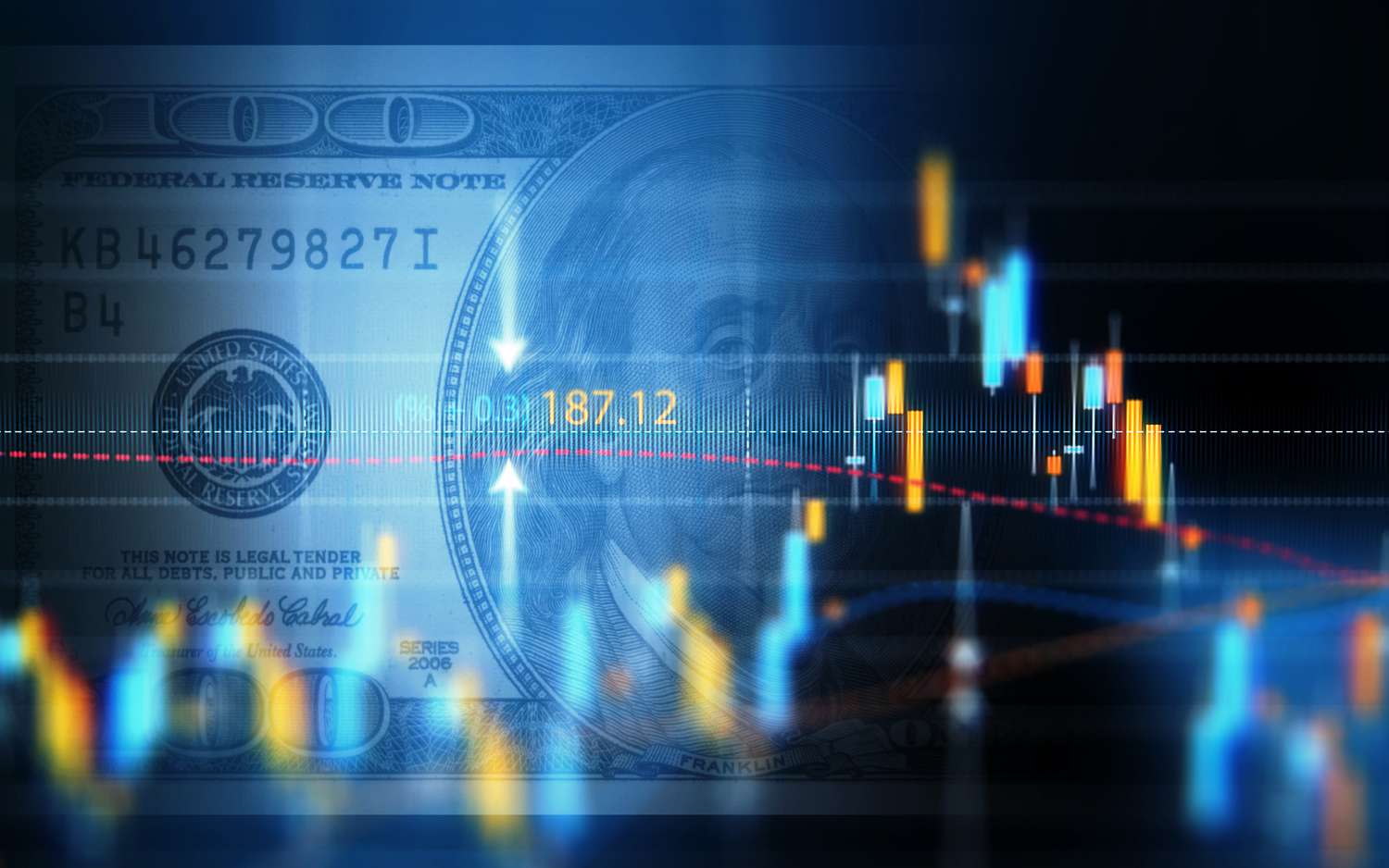 Financial data analysis graph showing market trends over one hundred American dollar bill on a digital display.