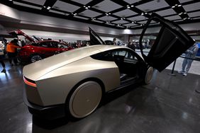 A view of a Tesla Cybercab robotaxi during the Silicon Valley Auto Show at Santa Clara Convention Center in February 2025