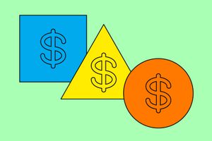 Icons of a square, triangle, and circle with dollar signs over them