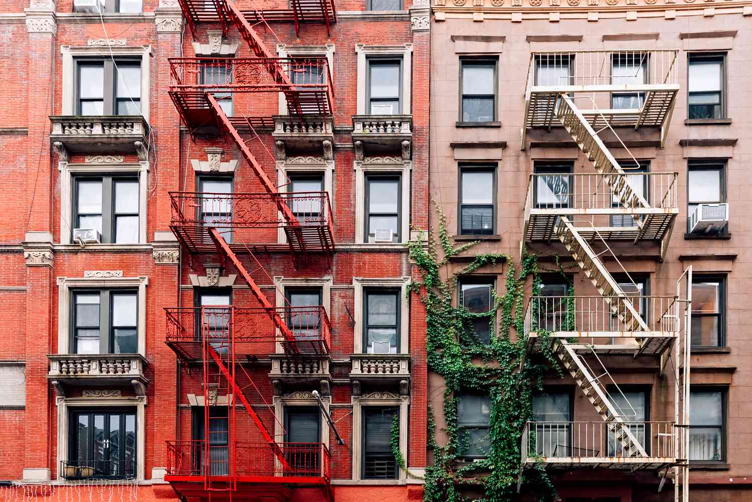 Apartment buildings with fire escape ladders in New York City. 