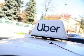 The Uber logo is seen on the street in Krakow, Poland, on April 16, 2025