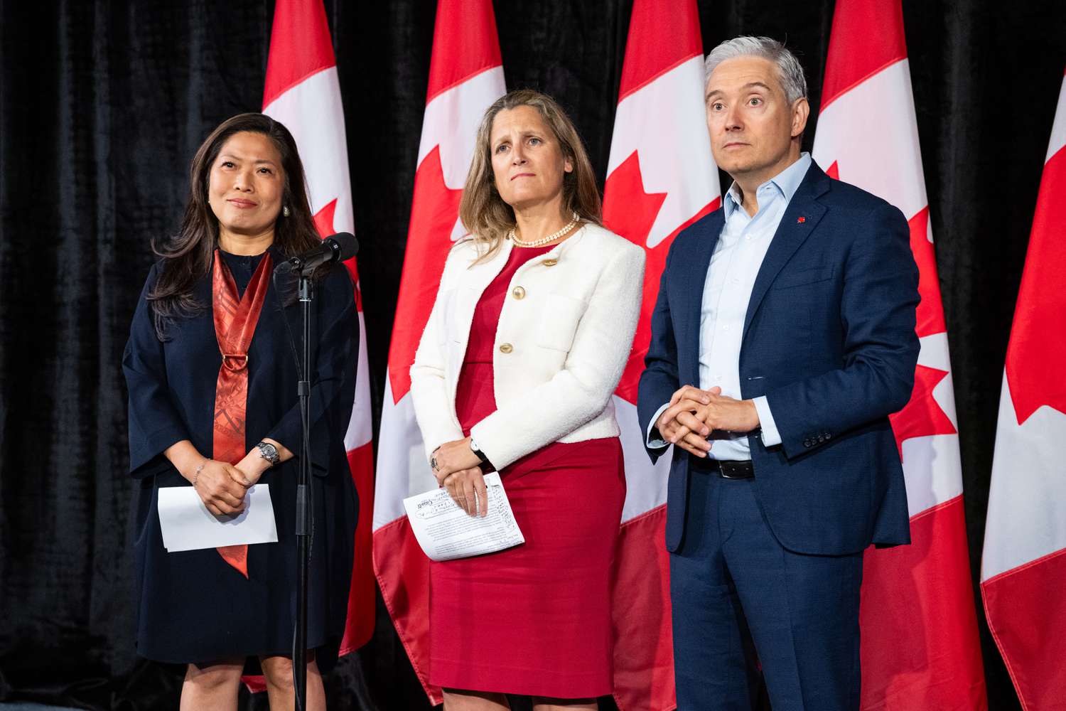 Mary Ng, Canada's export promotion, international trade and economic development minister, from left, Chrystia Freeland, Canada's deputy prime minister and finance minister, and Francois-Philippe Champagne, Canada's innovation, science and industry minister, during a news conference at a cabinet retreat in Halifax, Nova Scotia, Canada, on Monday, Aug. 26, 2024