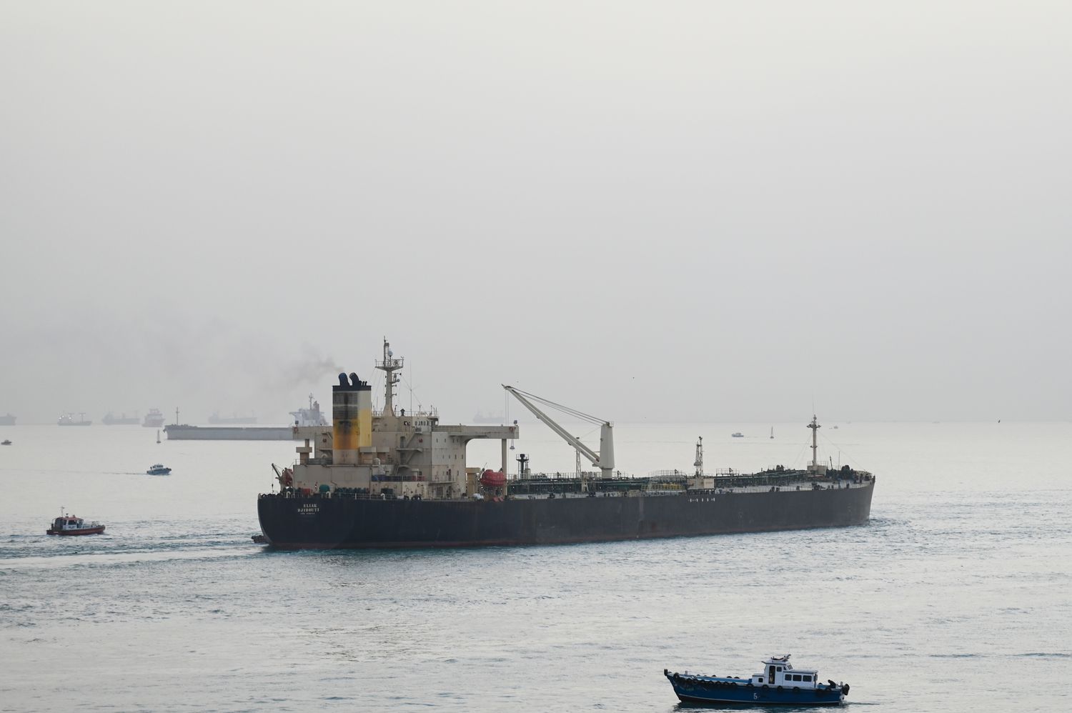 A ship transits the Suez Canal towards the Red Sea on January 10, 2024 in Suez, Egypt.
