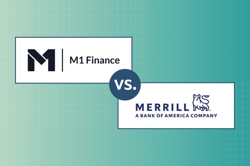 The image shows M1 Finance logo vs Merrill logo, there is a teal background with white square designs