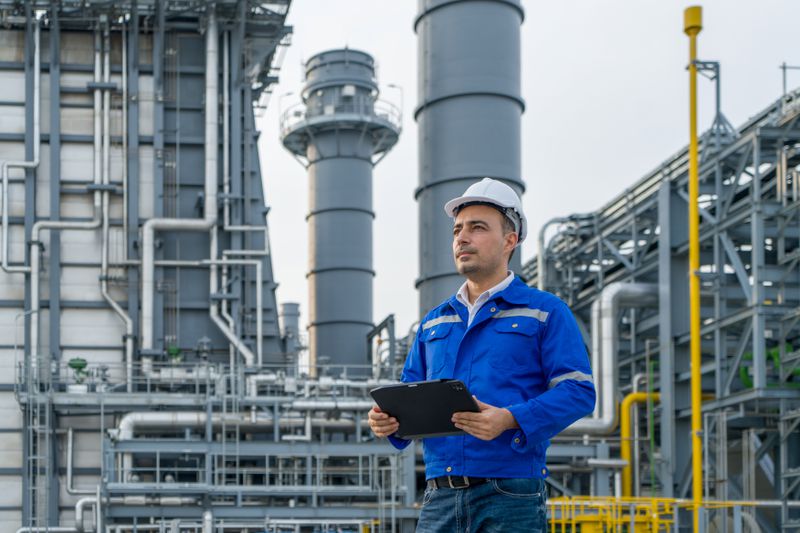 An engineer with computer tablet reads gages at a oil refinery.