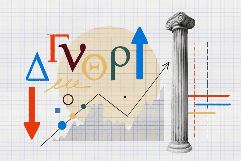 Photo and illustration composite featuring greek letters to represent learning about options trading.