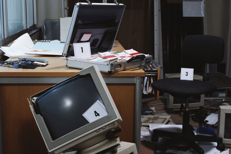 An office tagged with evidence markers