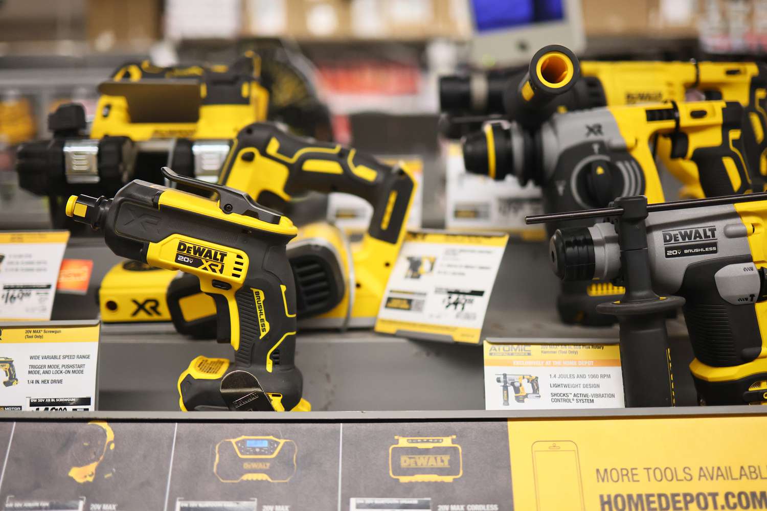 DeWalt power tools are displayed at a Home Depot on May 02, 2025 in New York City. 