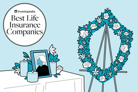 Illustration showing a funeral wreath on an easel, a table with a photo of someone, and the words, "Investopedia. Best Life Insurance Companies."