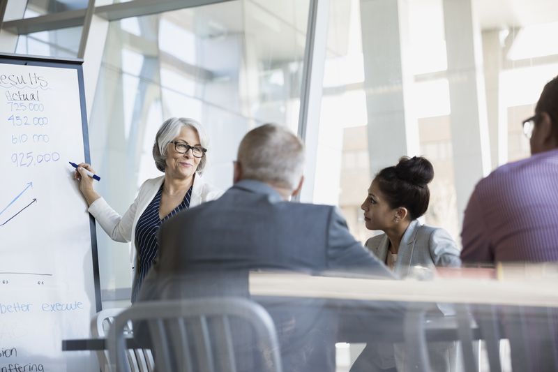 Businesswoman at whiteboard leading meeting in conference room