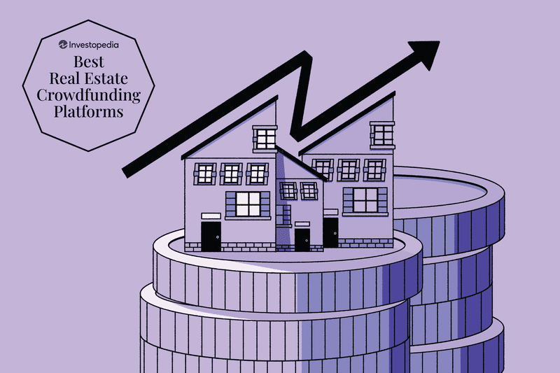 Custom illustration showing best real estate crowdfunding platforms with a black arrow on top of a house on top of coins stacked high, all on a purple background