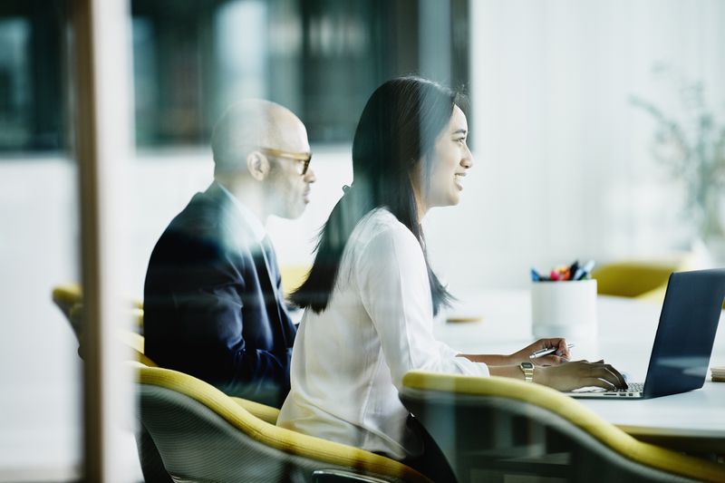 Business executives attend a meeting.