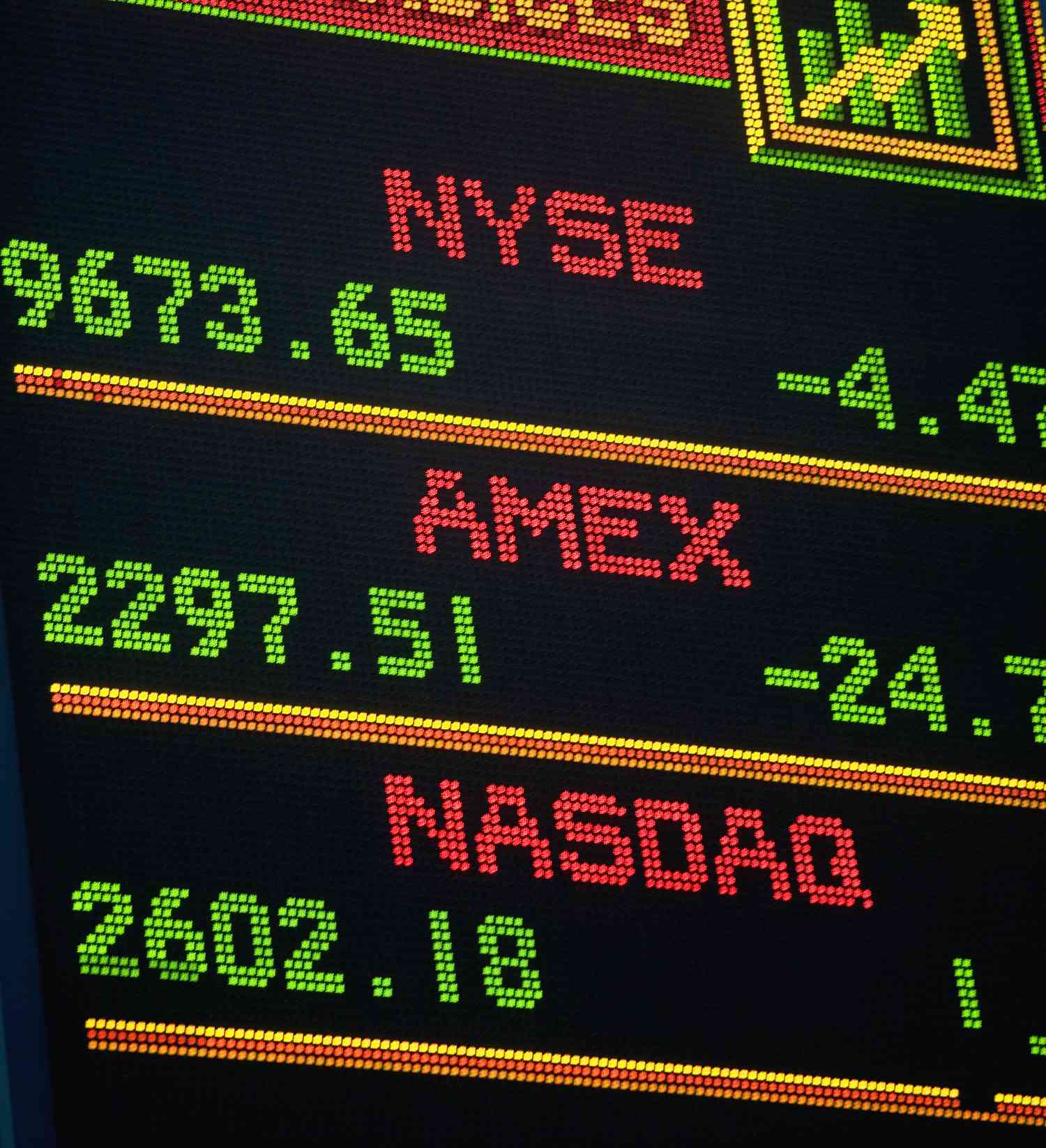 A display screen shows the current value and price movement of the NYSE, the AMEX, and the Nasdaq.