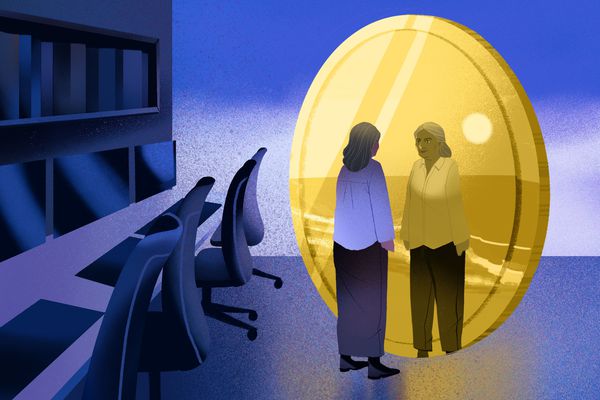 A woman looks into her reflection in a coin and sees her retired self on a beach in this illustration about pensions.