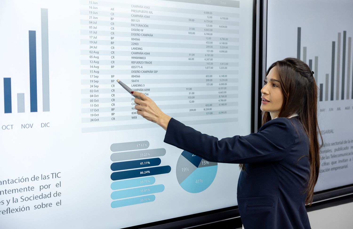 A woman pointing at a wall-sized presentationt that shows figures, charts, and data. 