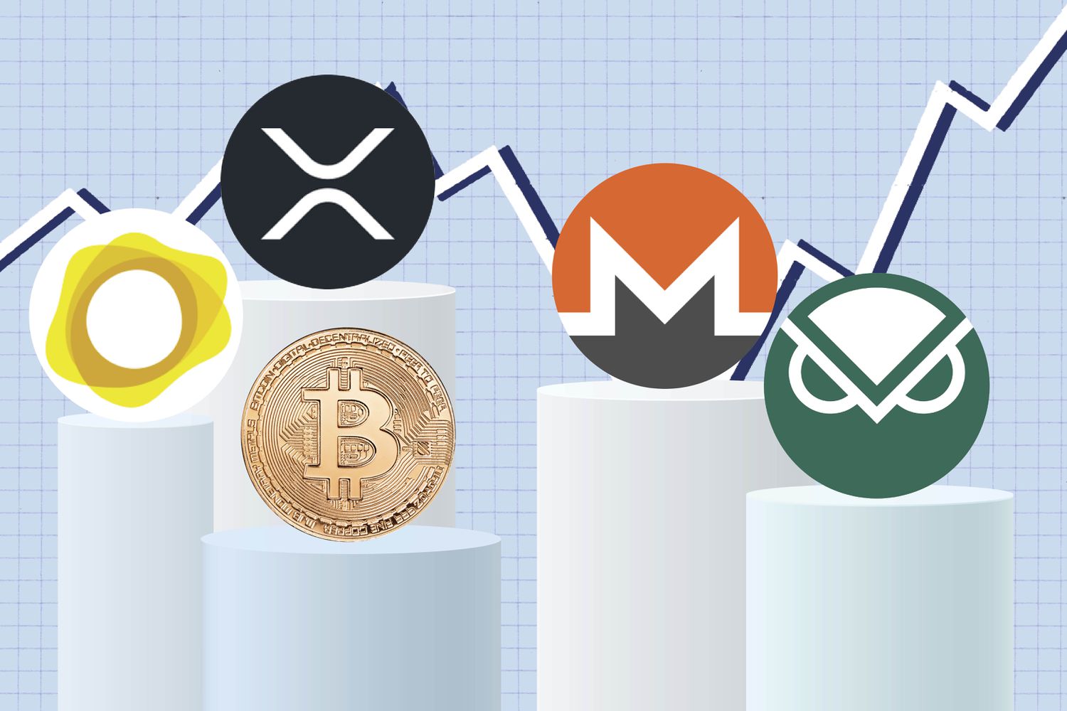 Illustration of PAX Gold (PAXG), XRP (XRP), Bitcoin (BTC), Monero (XMR), and Gnosis (GNO)