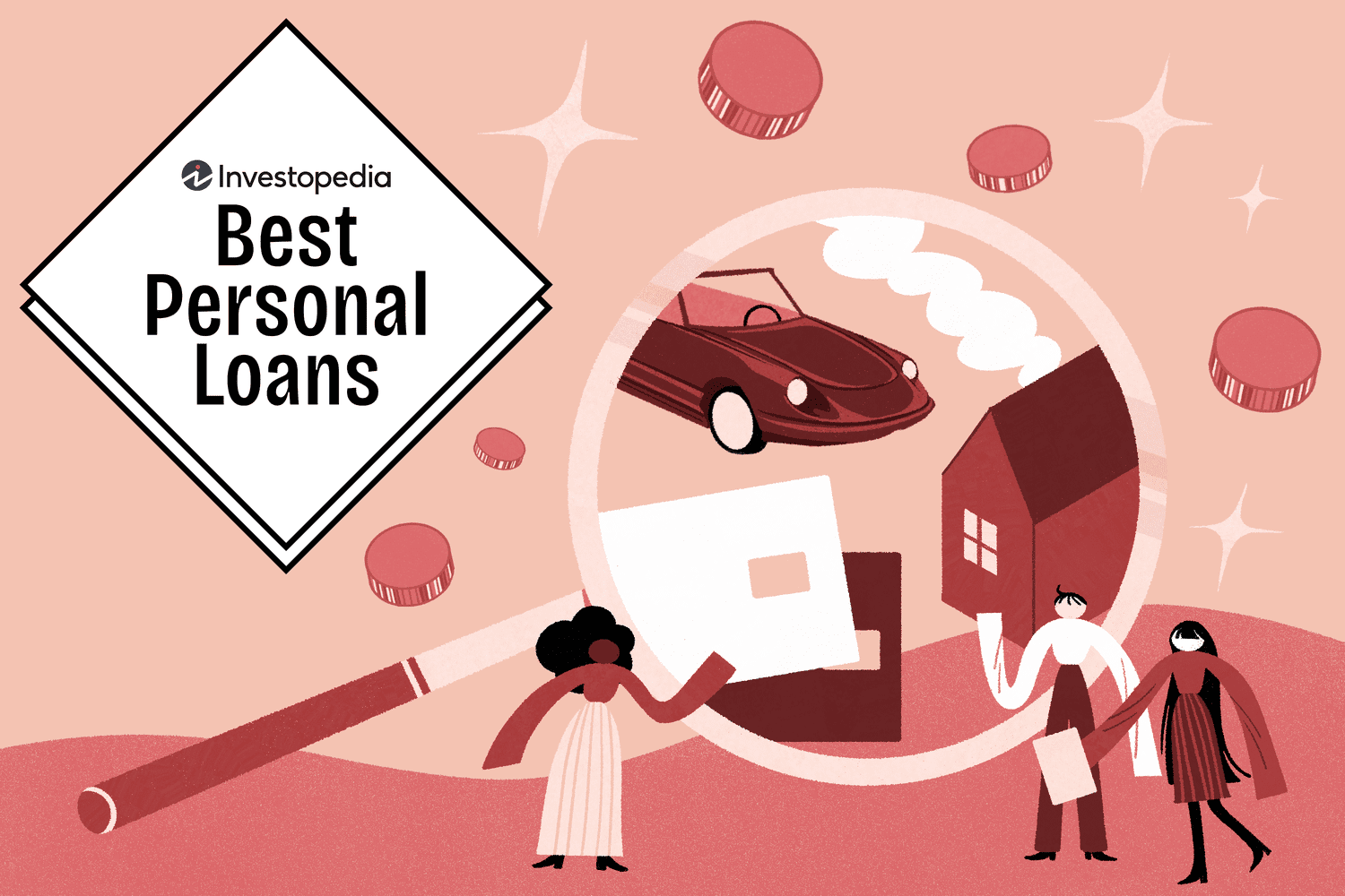 The image shows a stylized illustration associated with the title “Best Personal Loans” by Investopedia. The artwork features a magnifying glass highlighting various items that personal loans can be used for, such as a car, a house, and other symbols of financial goals. The scene includes people interacting with these items, along with scattered coins and a warm, peach-colored background for a cohesive financial planning theme.