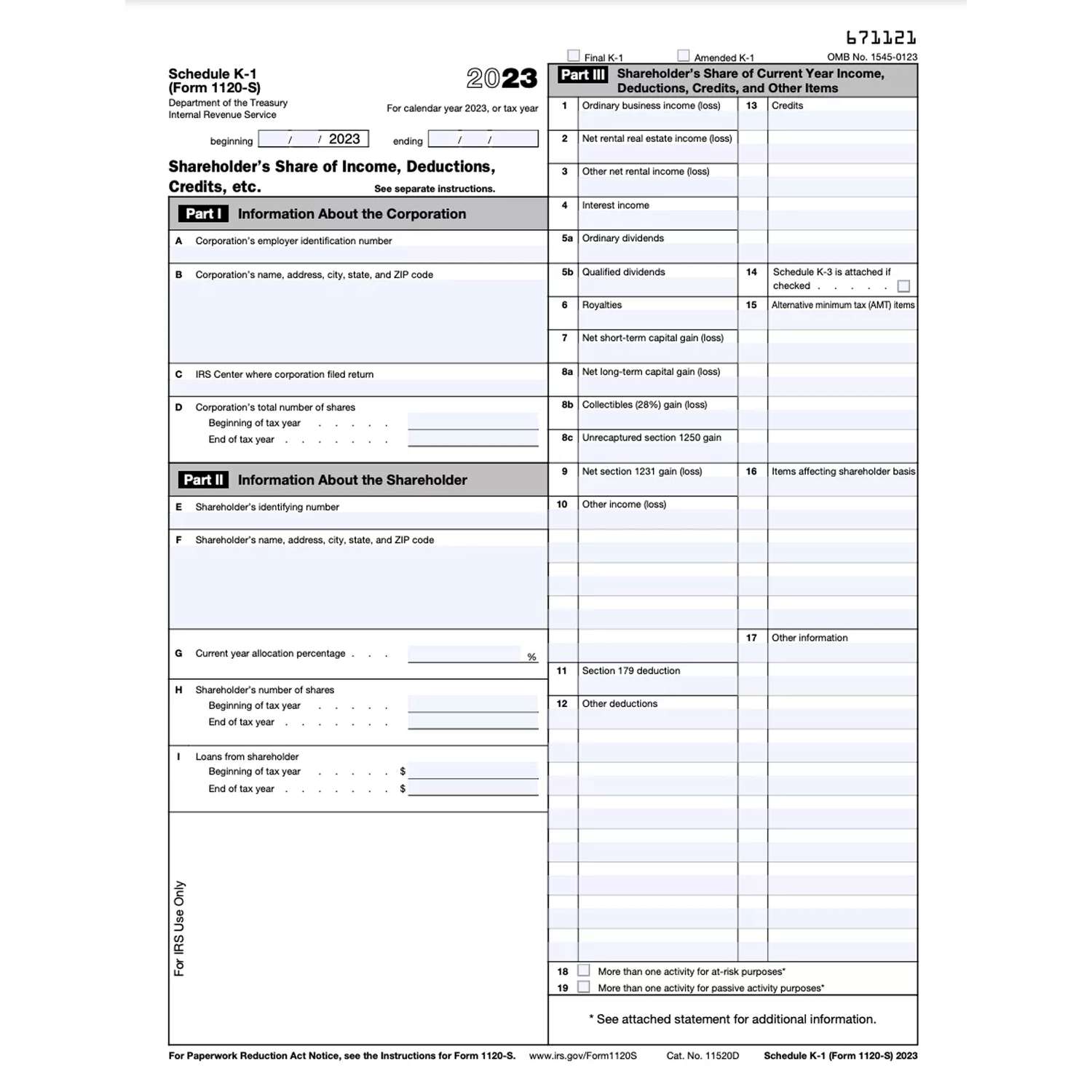 2023 Schedule K-1 (Form 1120-S)
