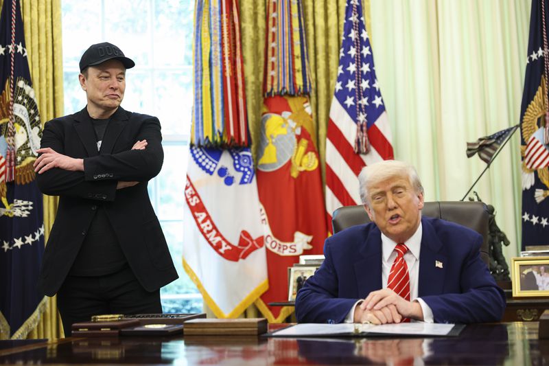 President Donald Trump holds a news conference with Elon Musk to mark the end of the Tesla CEO's tenure as a special government employee.