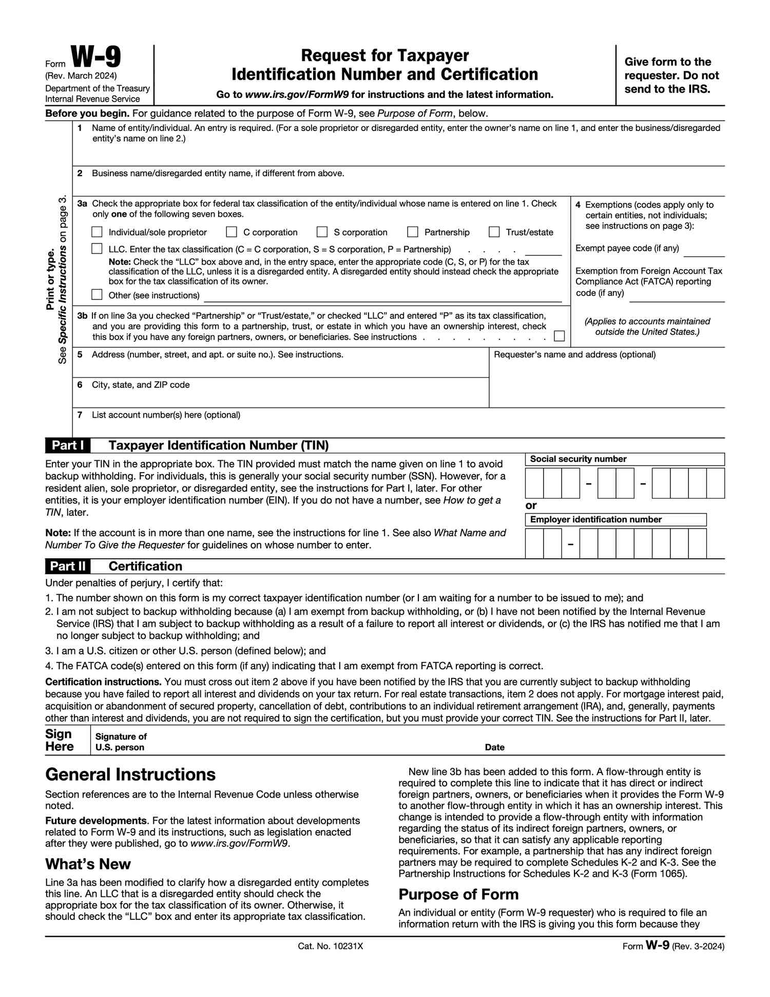 Page 1 of Form W-9. revised March 2024