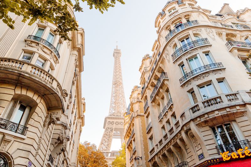 Eiffel Tower seen in the end of the street in Paris, France