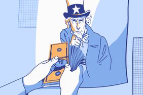 An illustration shows a person handing money to a poster of Uncle Sam.
