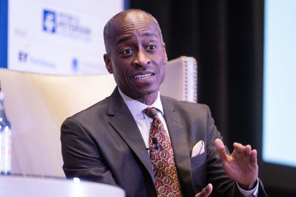 Philip Jefferson, vice chair of the Federal Reserve System, speaks during the National Association of Business Economics (NABE) economic policy conference in Dallas, Texas, US, on Monday, Oct. 9, 2023.